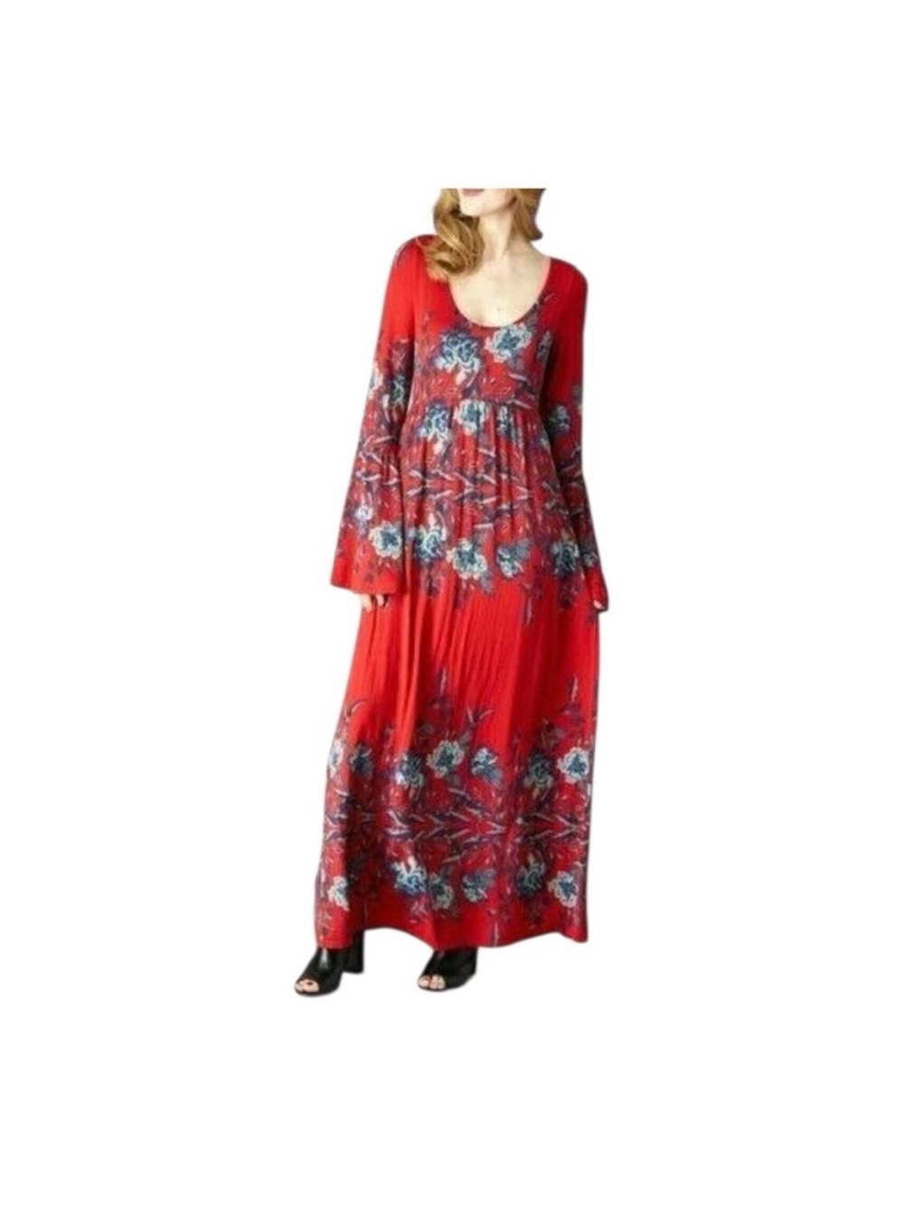 Free People Red Floral Maxi Dress with Scoop Neckline